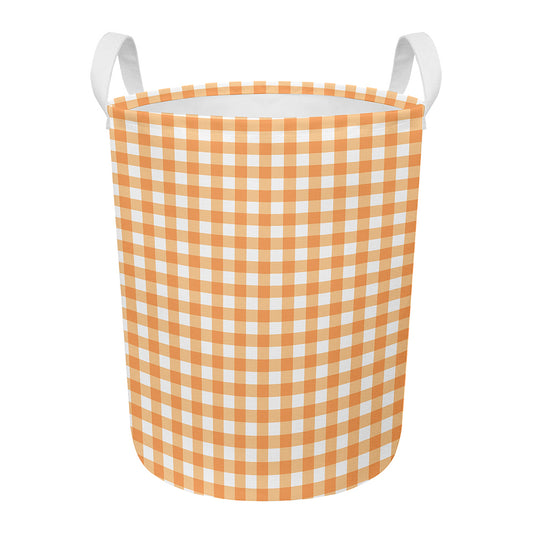 Orange And White Check Pattern Print Round Laundry Basket