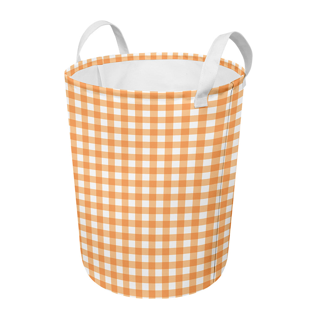Orange And White Check Pattern Print Round Laundry Basket