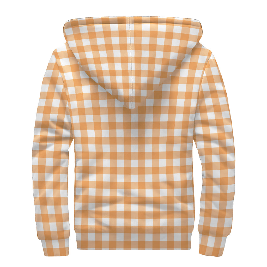 Orange And White Check Pattern Print Sherpa Lined Zip Up Hoodie