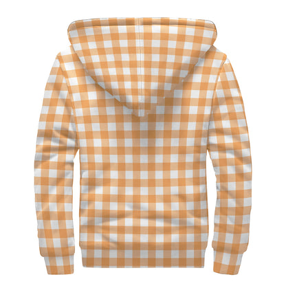 Orange And White Check Pattern Print Sherpa Lined Zip Up Hoodie