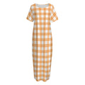 Orange And White Check Pattern Print Short Sleeve Long Nightdress