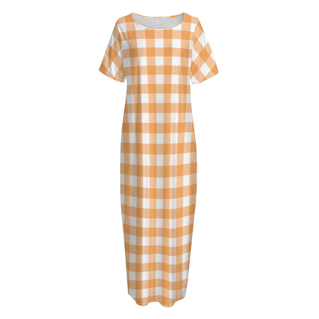 Orange And White Check Pattern Print Short Sleeve Long Nightdress