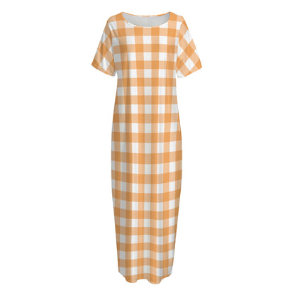Orange And White Check Pattern Print Short Sleeve Long Nightdress