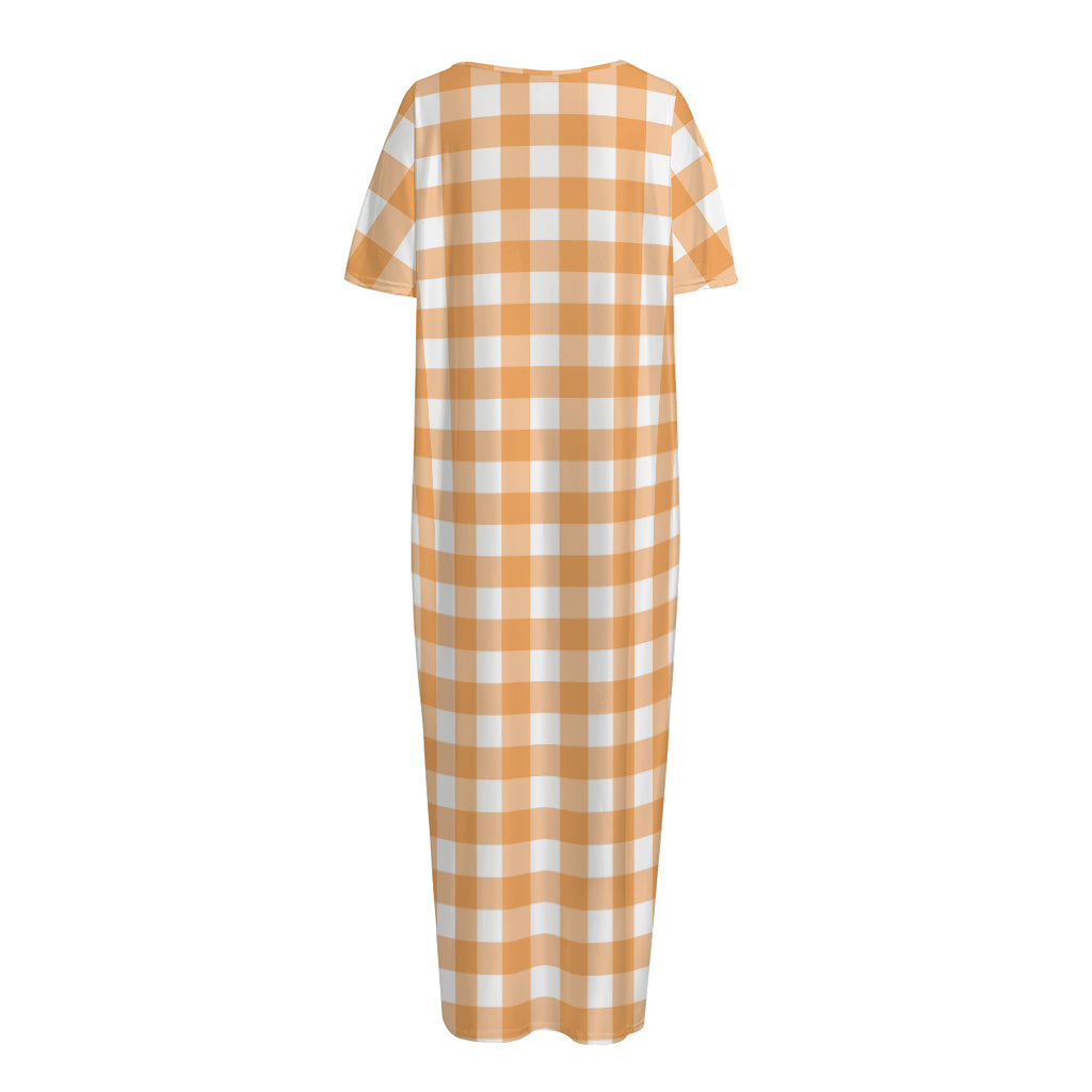 Orange And White Check Pattern Print Short Sleeve Long Nightdress