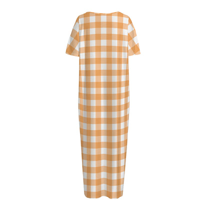 Orange And White Check Pattern Print Short Sleeve Long Nightdress