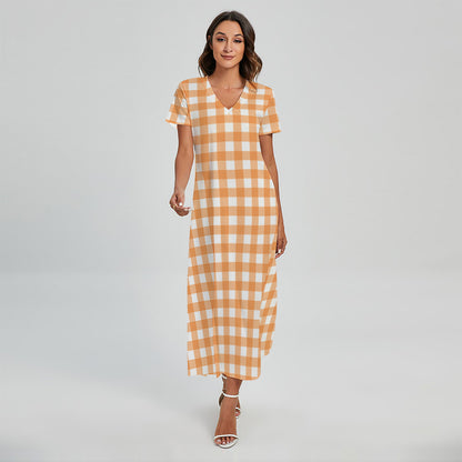 Orange And White Check Pattern Print Short Sleeve Maxi Dress