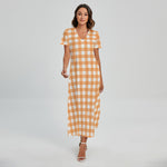 Orange And White Check Pattern Print Short Sleeve Maxi Dress