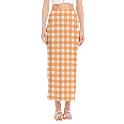 Orange And White Check Pattern Print Side Slit Maxi Skirt