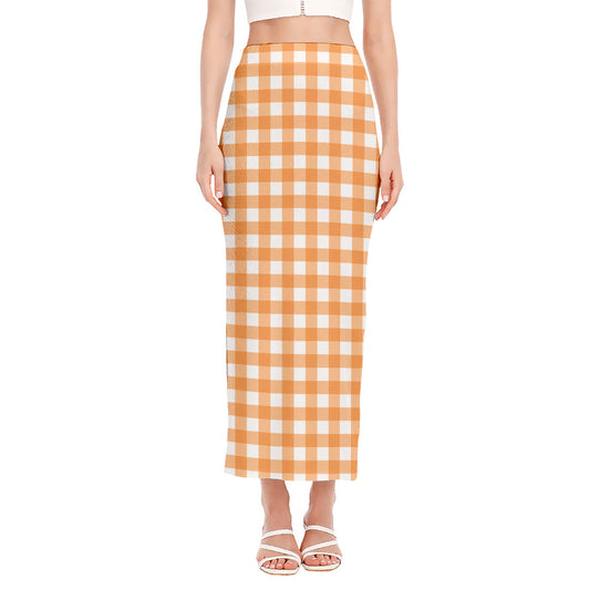 Orange And White Check Pattern Print Side Slit Maxi Skirt