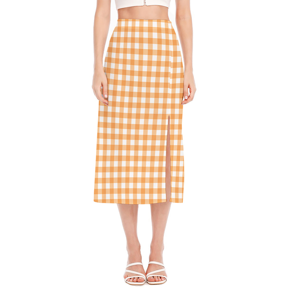 Orange And White Check Pattern Print Side Slit Midi Skirt