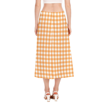 Orange And White Check Pattern Print Side Slit Midi Skirt