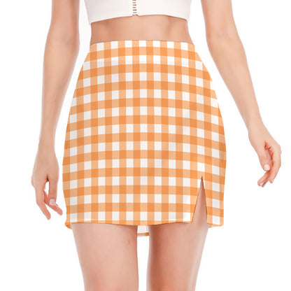 Orange And White Check Pattern Print Side Slit Mini Skirt