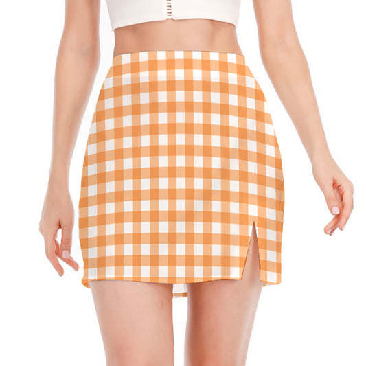 Orange And White Check Pattern Print Side Slit Mini Skirt