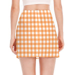 Orange And White Check Pattern Print Side Slit Mini Skirt