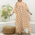 Orange And White Check Pattern Print Silk V-Neck Kaftan Dress