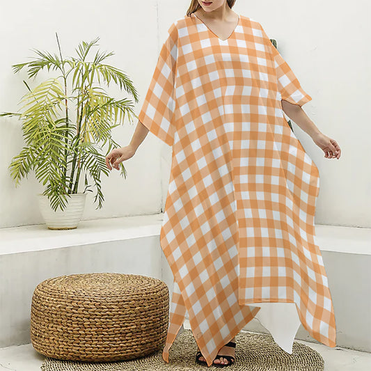 Orange And White Check Pattern Print Silk V-Neck Kaftan Dress
