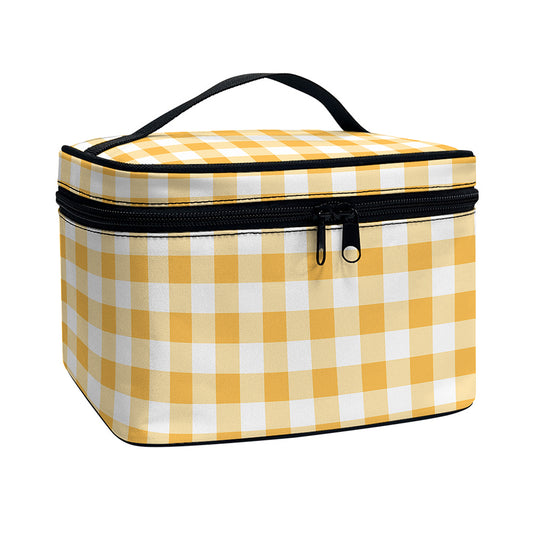 Orange And White Check Pattern Print Travel Makeup Bag