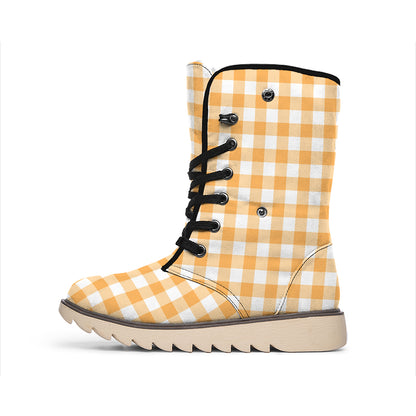 Orange And White Check Pattern Print Winter Boots