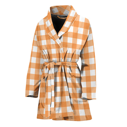Orange And White Check Pattern Print Women's Bathrobe