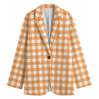 Orange And White Check Pattern Print Women's Blazer