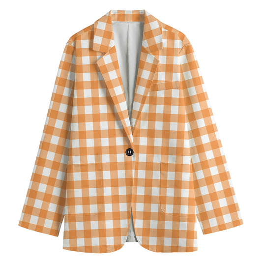 Orange And White Check Pattern Print Women's Blazer