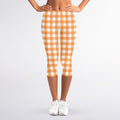 Orange And White Check Pattern Print Women's Capri Leggings