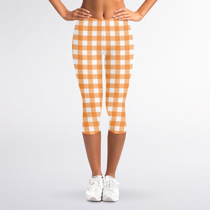Orange And White Check Pattern Print Women's Capri Leggings