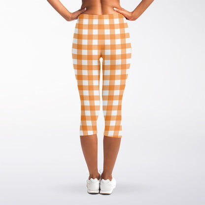 Orange And White Check Pattern Print Women's Capri Leggings