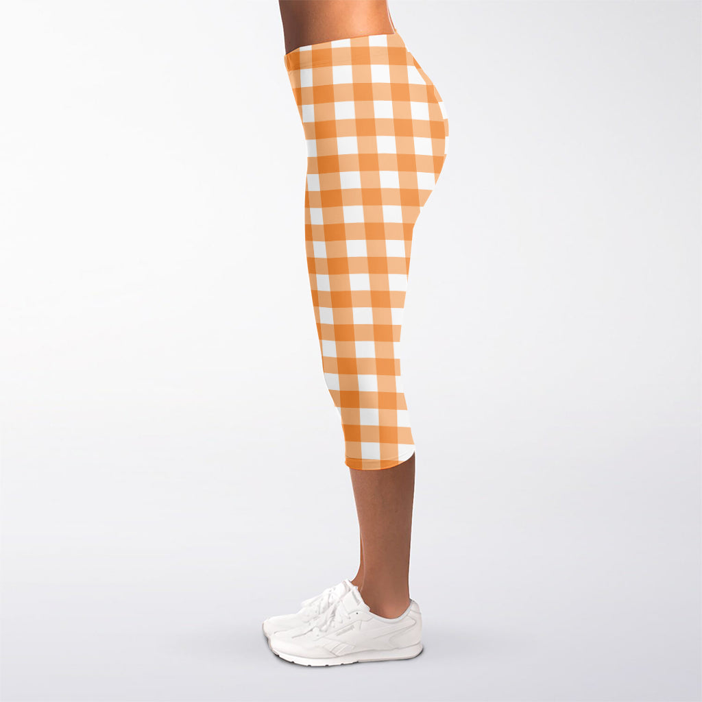 Orange And White Check Pattern Print Women's Capri Leggings