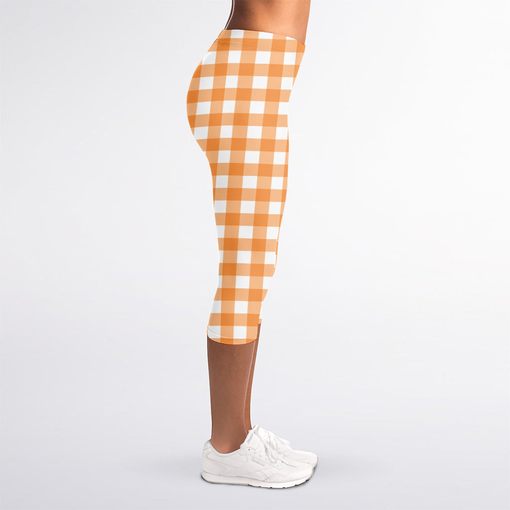 Orange And White Check Pattern Print Women's Capri Leggings