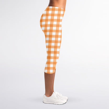 Orange And White Check Pattern Print Women's Capri Leggings