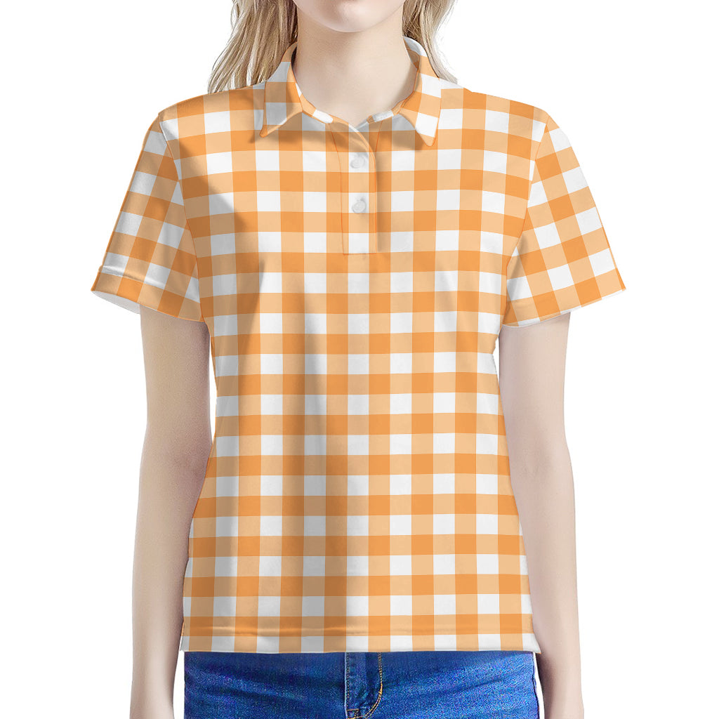 Orange And White Check Pattern Print Women's Polo Shirt
