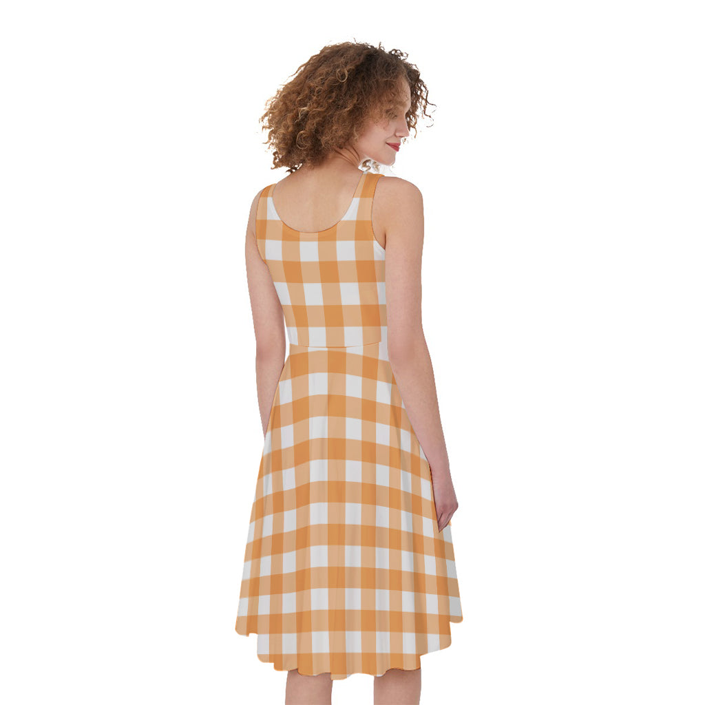 Orange And White Check Pattern Print Women's Sleeveless Dress