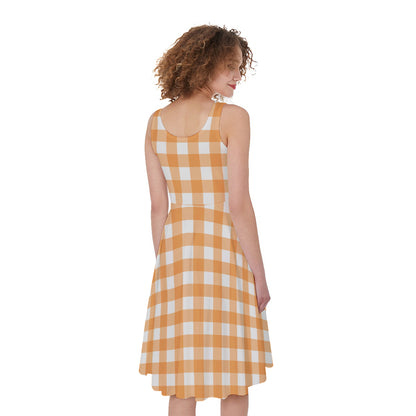 Orange And White Check Pattern Print Women's Sleeveless Dress