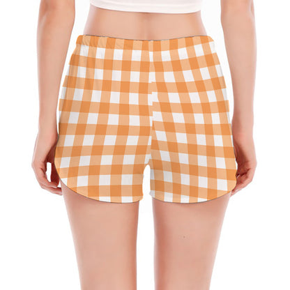 Orange And White Check Pattern Print Women's Split Running Shorts