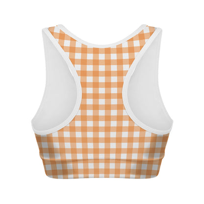 Orange And White Check Pattern Print Women's Sports Bra