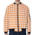 Orange And White Check Pattern Print Zip Sleeve Bomber Jacket