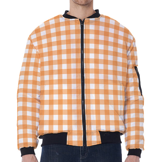 Orange And White Check Pattern Print Zip Sleeve Bomber Jacket