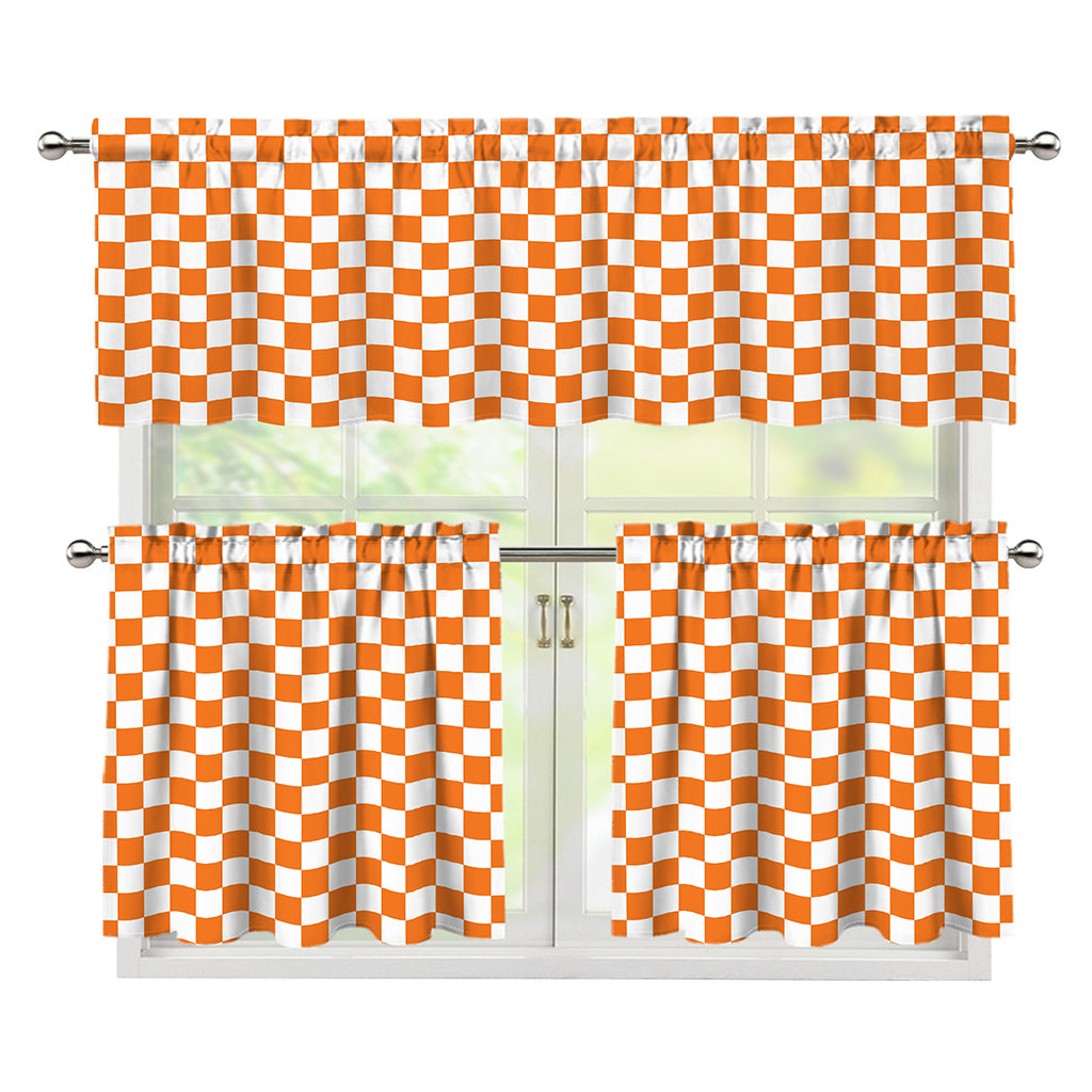 Orange And White Checkered Pattern Print 3 Piece Kitchen Curtains