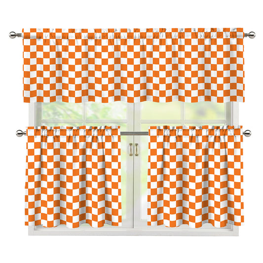 Orange And White Checkered Pattern Print 3 Piece Kitchen Curtains