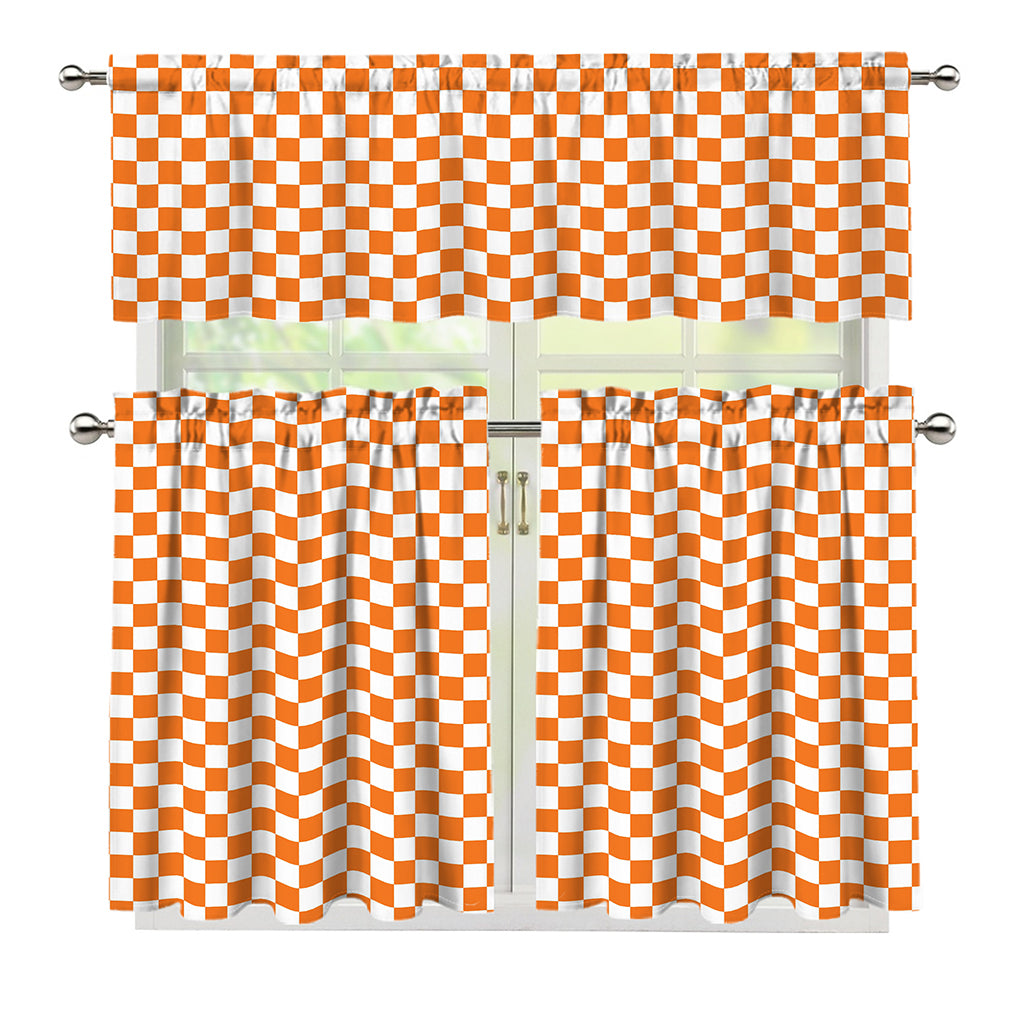 Orange And White Checkered Pattern Print 3 Piece Kitchen Curtains