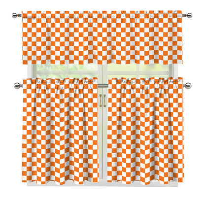 Orange And White Checkered Pattern Print 3 Piece Kitchen Curtains