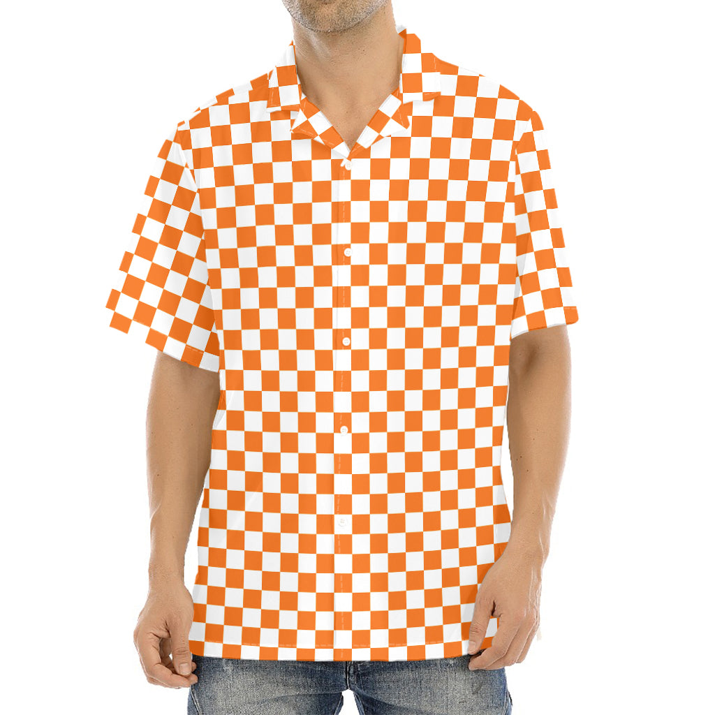 Orange And White Checkered Pattern Print Aloha Shirt