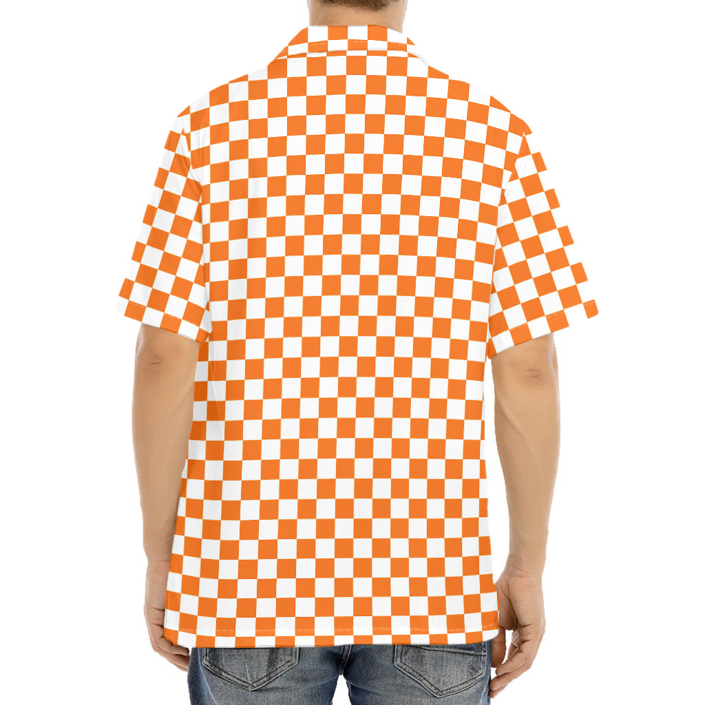 Orange And White Checkered Pattern Print Aloha Shirt