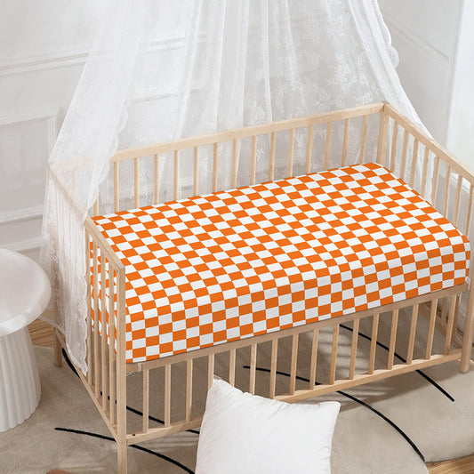 Orange And White Checkered Pattern Print Baby Crib Sheet