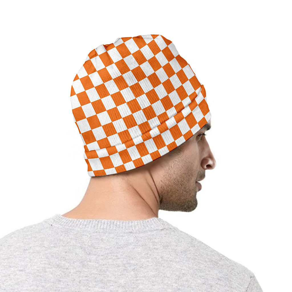 Orange And White Checkered Pattern Print Beanie