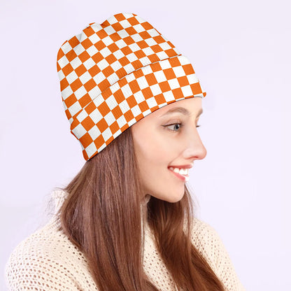 Orange And White Checkered Pattern Print Beanie