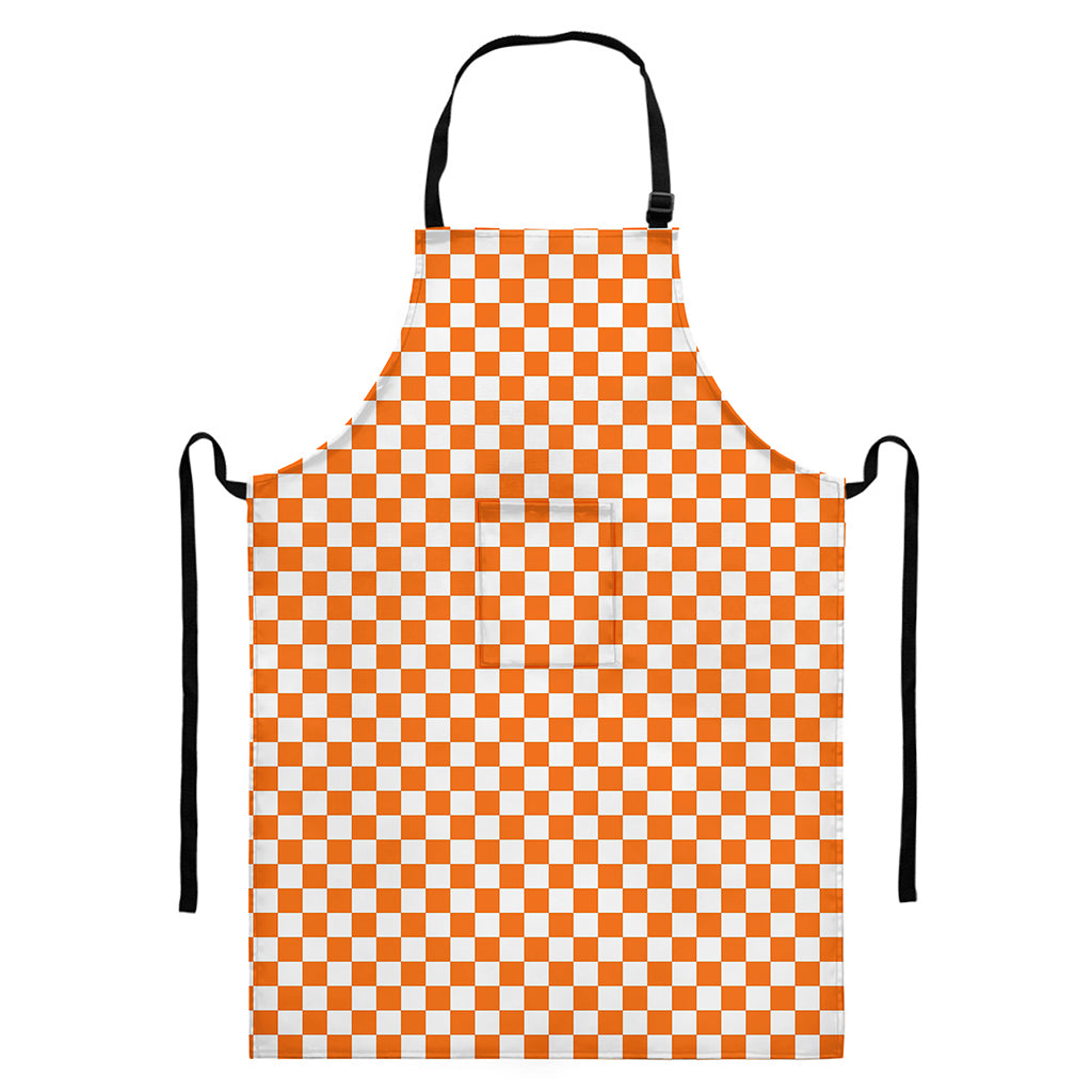 Orange And White Checkered Pattern Print Bib Apron With Pocket