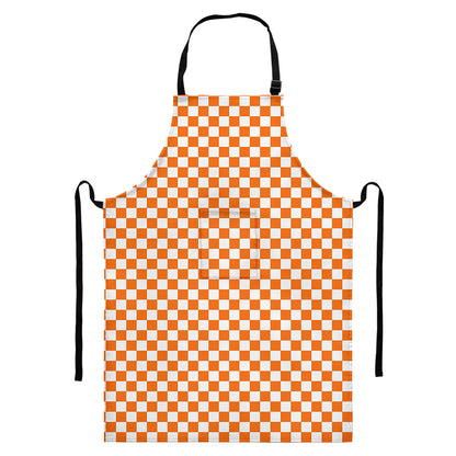 Orange And White Checkered Pattern Print Bib Apron With Pocket