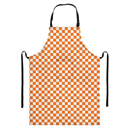 Orange And White Checkered Pattern Print Bib Apron With Pocket